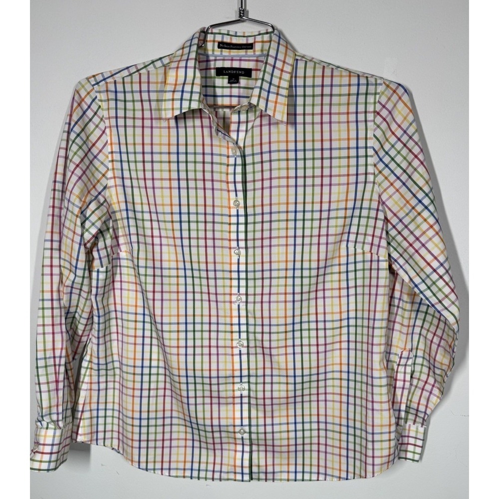 Lands' End No Iron Pinpoint Oxford Rainbow Check Long Sleeve Button Up Womens 14
